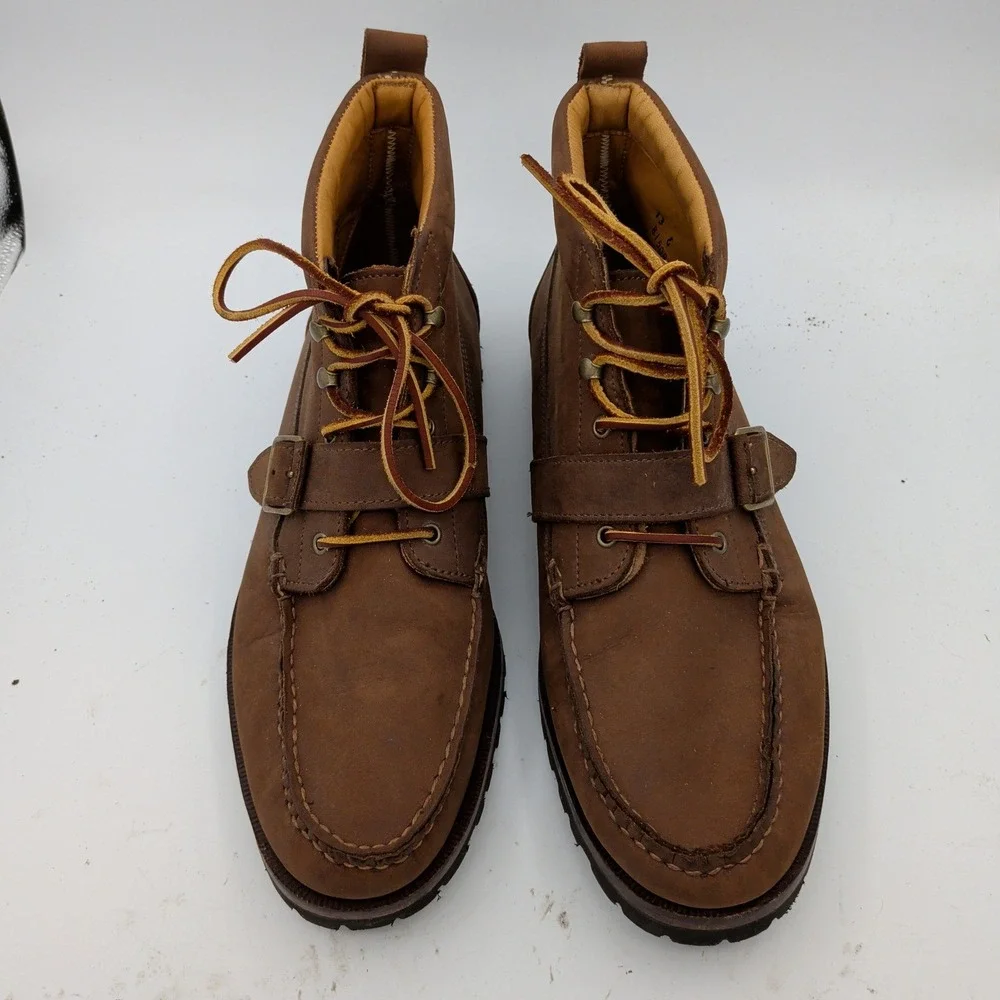 Ralph Lauren Mens Ranger Buckle Moc Toe Boots Brown Leather Vibram USA 13
